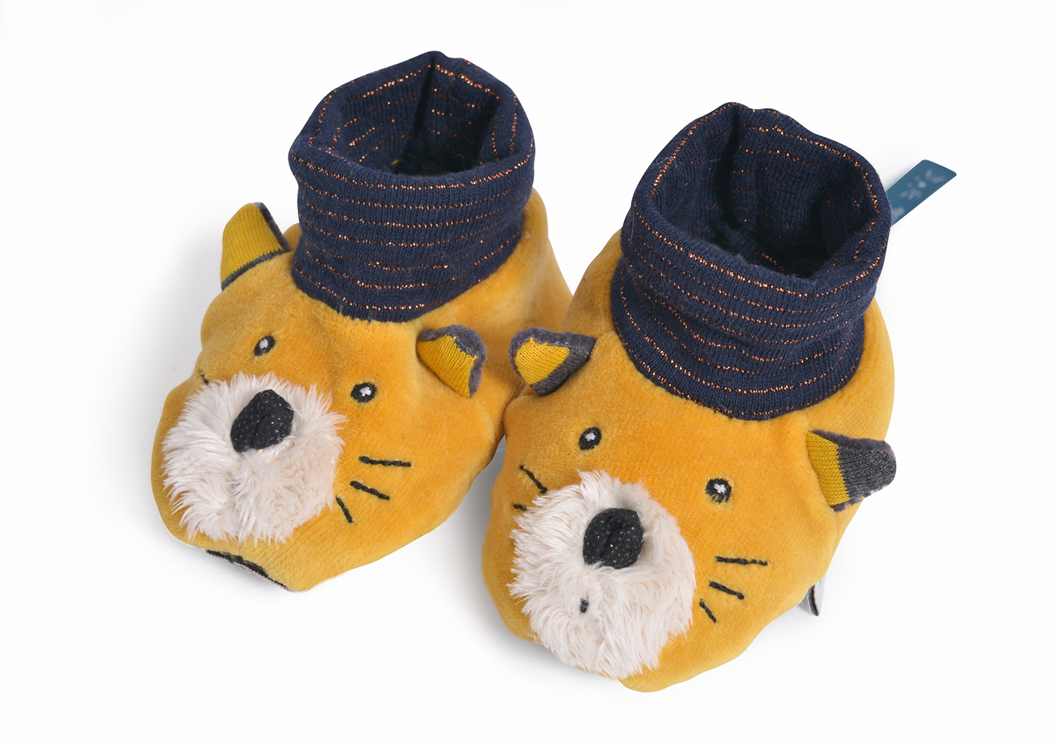 chaussons en tissu avec une tête de chat de couleur moutarde